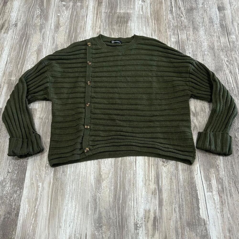 Pretty Garden Women's minimalist whimsygoth army green asymmetric button long sl